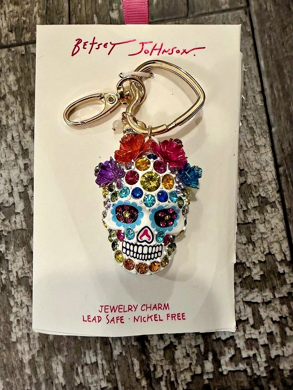 Betsey Johnson Sugar Skull Jeweled Charm Keychain Multicolor